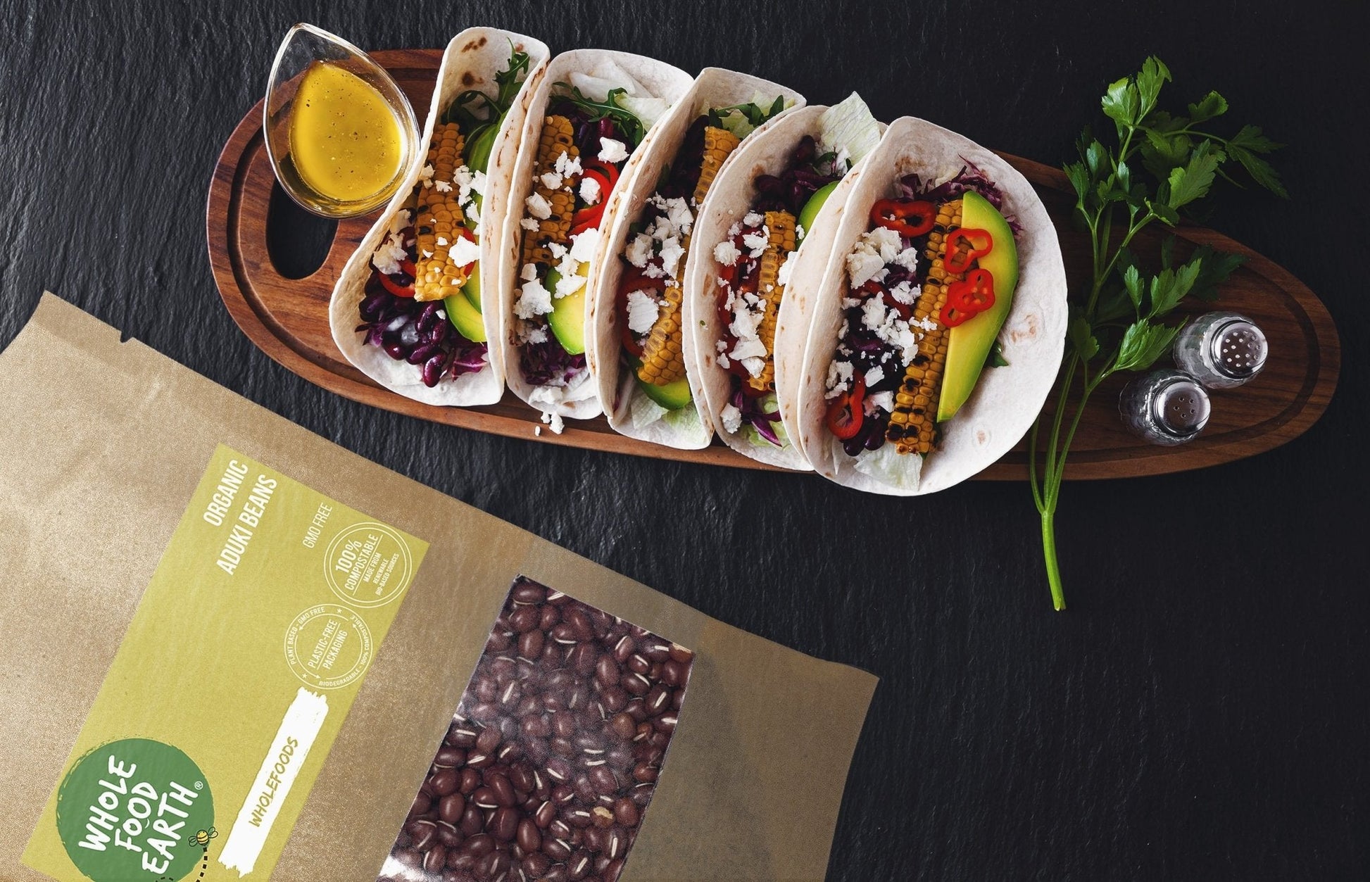 Organic Aduki beans from Whole Food Earth, close-up of small red beans in a bowl, GMO-free, in the Beans & Pulses category.