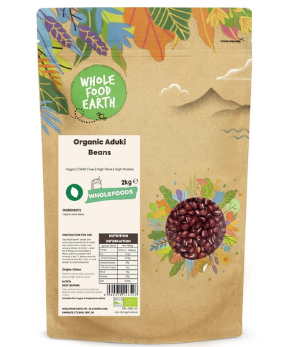 Organic Aduki Beans from Whole Food Earth, showcasing small reddish beans in a natural setting, non-GMO and healthy pulses.