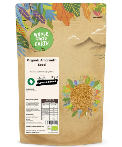 Raw organic amaranth grains from Whole Food Earth, showcasing small, tan seeds in a natural, wholesome appearance.