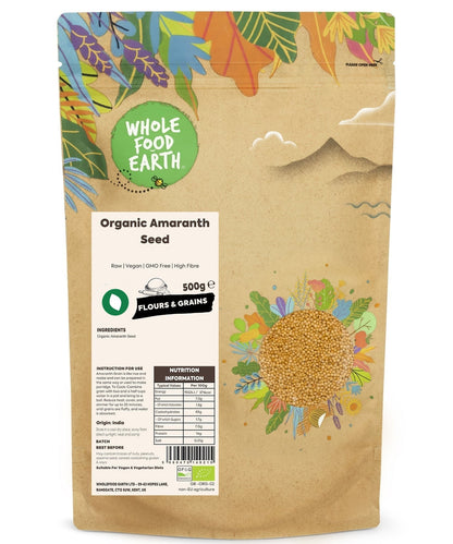 Raw organic amaranth grains from Whole Food Earth, gluten-free and non-GMO, displayed in a clear bowl on a white background.