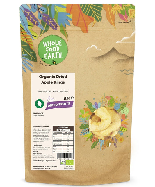 Organic dried apple rings from ArtisanBox, showing whole, natural apple slices with vibrant color and textured surface.