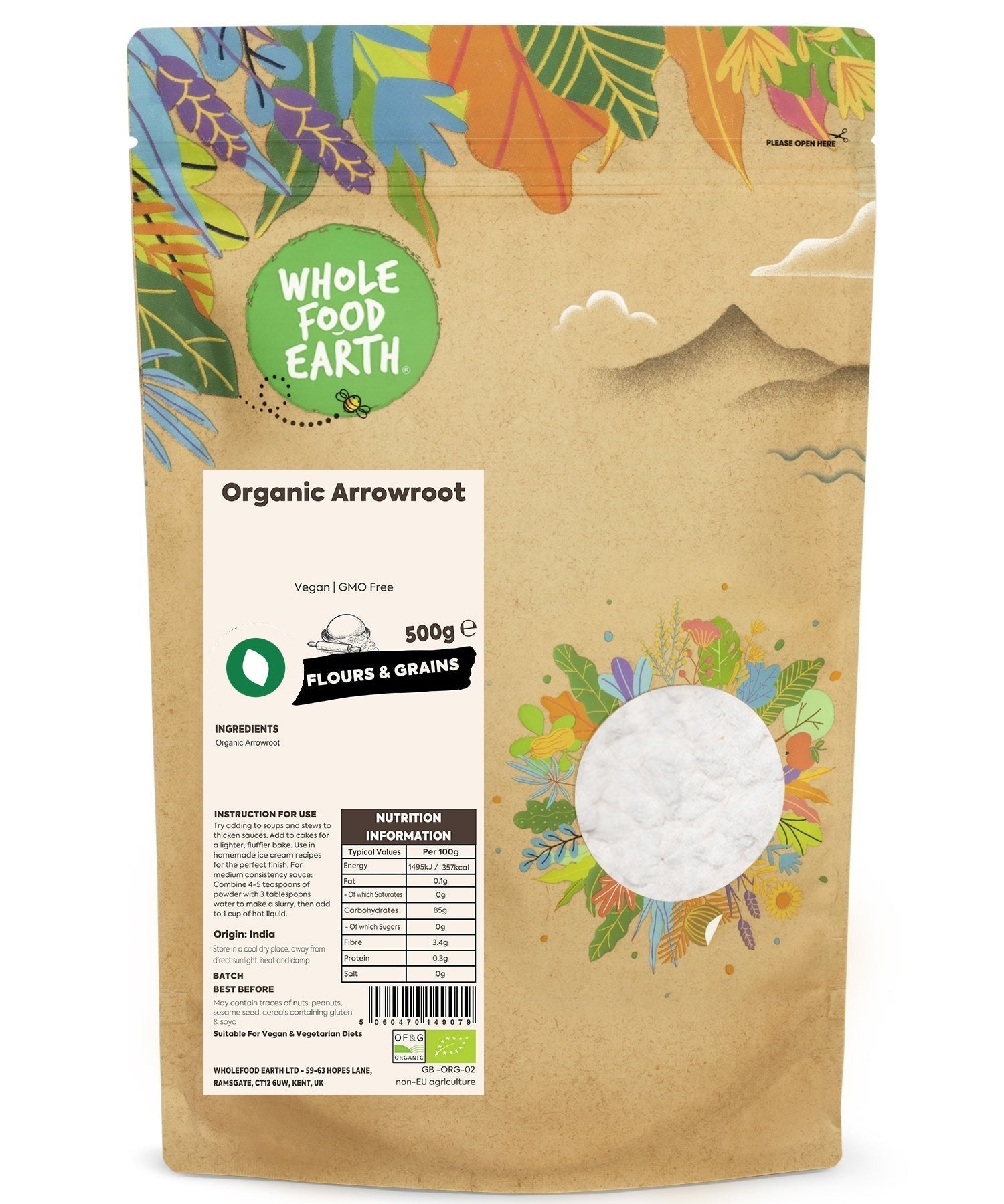Organic Arrowroot powder from Whole Food Earth, GMO-free, vegan, and specialty gluten-free starch in a clear packaging.