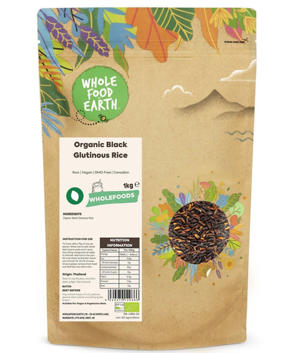 Organic black glutinous rice from Whole Food Earth, showcasing shiny black grains in a close-up view.
