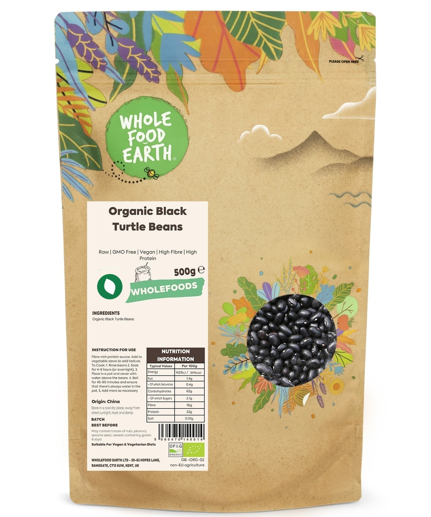 Raw organic black turtle beans from Whole Food Earth, showing glossy black beans in a close-up image.