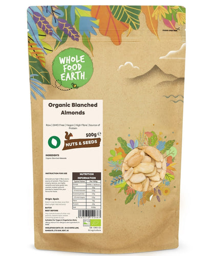 Raw organic blanched almonds from Whole Food Earth, showcasing light-colored, peeled almonds in a natural nut and seed product image.