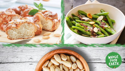 Raw organic blanched almonds from Whole Food Earth, showing light-colored, shelled nuts ideal for snacking or cooking.