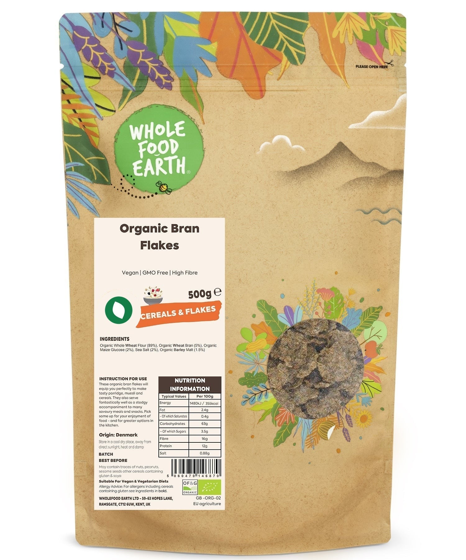Organic Bran Flakes cereal by Whole Food Earth in a bowl, showing crunchy, golden flakes with no added sugar.