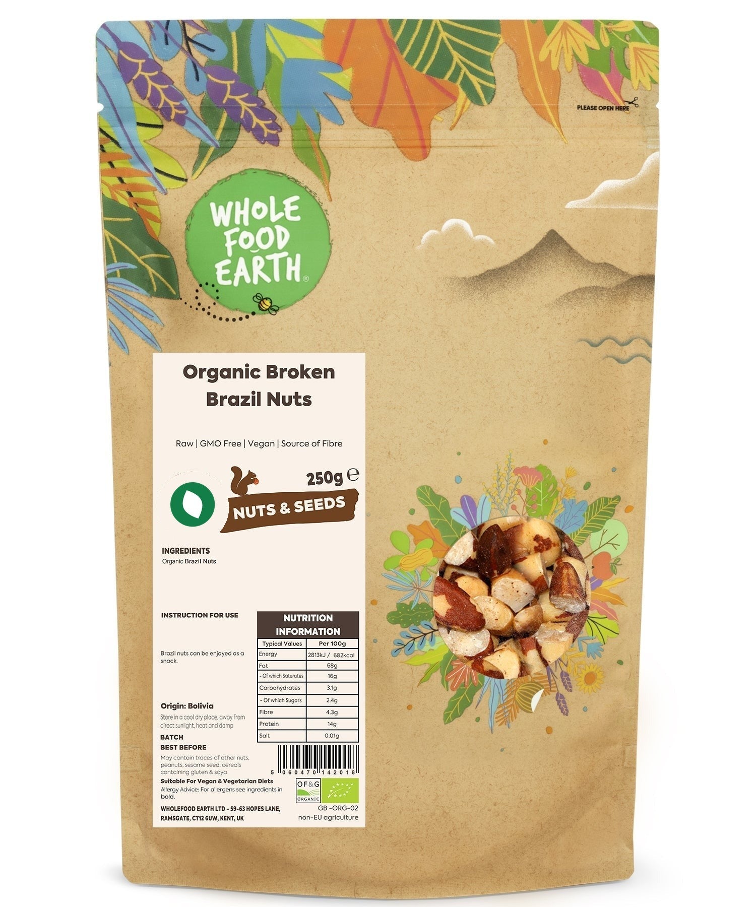 Raw organic broken Brazil nuts from Whole Food Earth, showing the crunchy, natural nut pieces in a close-up view.