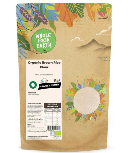 Organic brown rice flour from Whole Food Earth, showing a bag of natural gluten-free flour on a rustic wooden surface.
