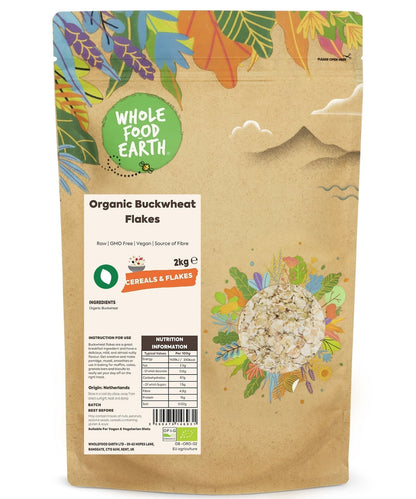 Organic Buckwheat Flakes cereal by Whole Food Earth, raw and GMO-free, displayed in a clear bowl with a spoon on a white background.