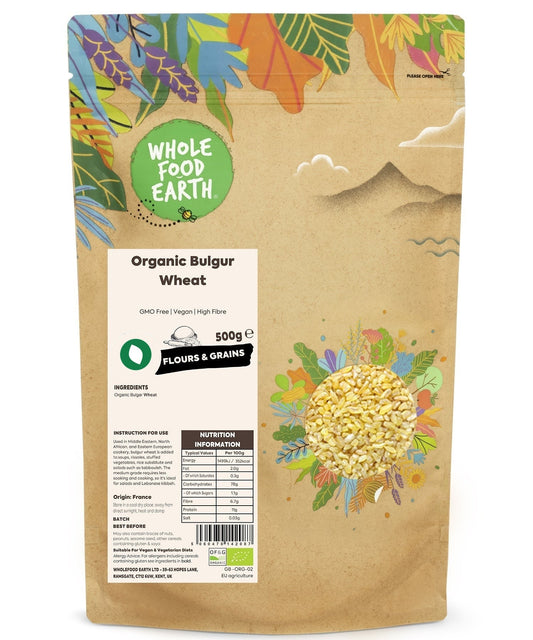 Organic bulgur wheat from Whole Food Earth, displayed in a clear bag showing golden cracked grains for healthy cooking.