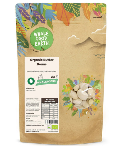 Organic Butter Beans from Whole Food Earth, close-up of plump, creamy beans in a bowl ready for cooking or serving.