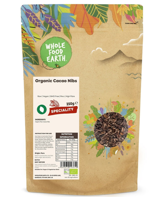 Organic cacao nibs by Whole Food Earth, raw vegan specialty cacao bits shown in a close-up image.