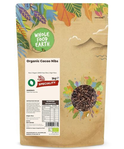 Raw organic cacao nibs by Whole Food Earth, specialty vegan cacao pieces for baking and snacking.