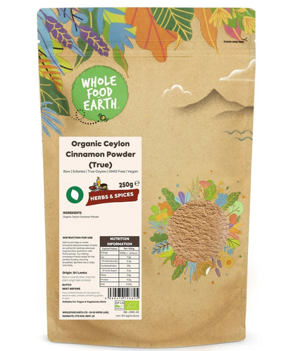 Organic Ceylon Cinnamon Powder from Whole Food Earth, fine ground herbal spice for baking and cooking.