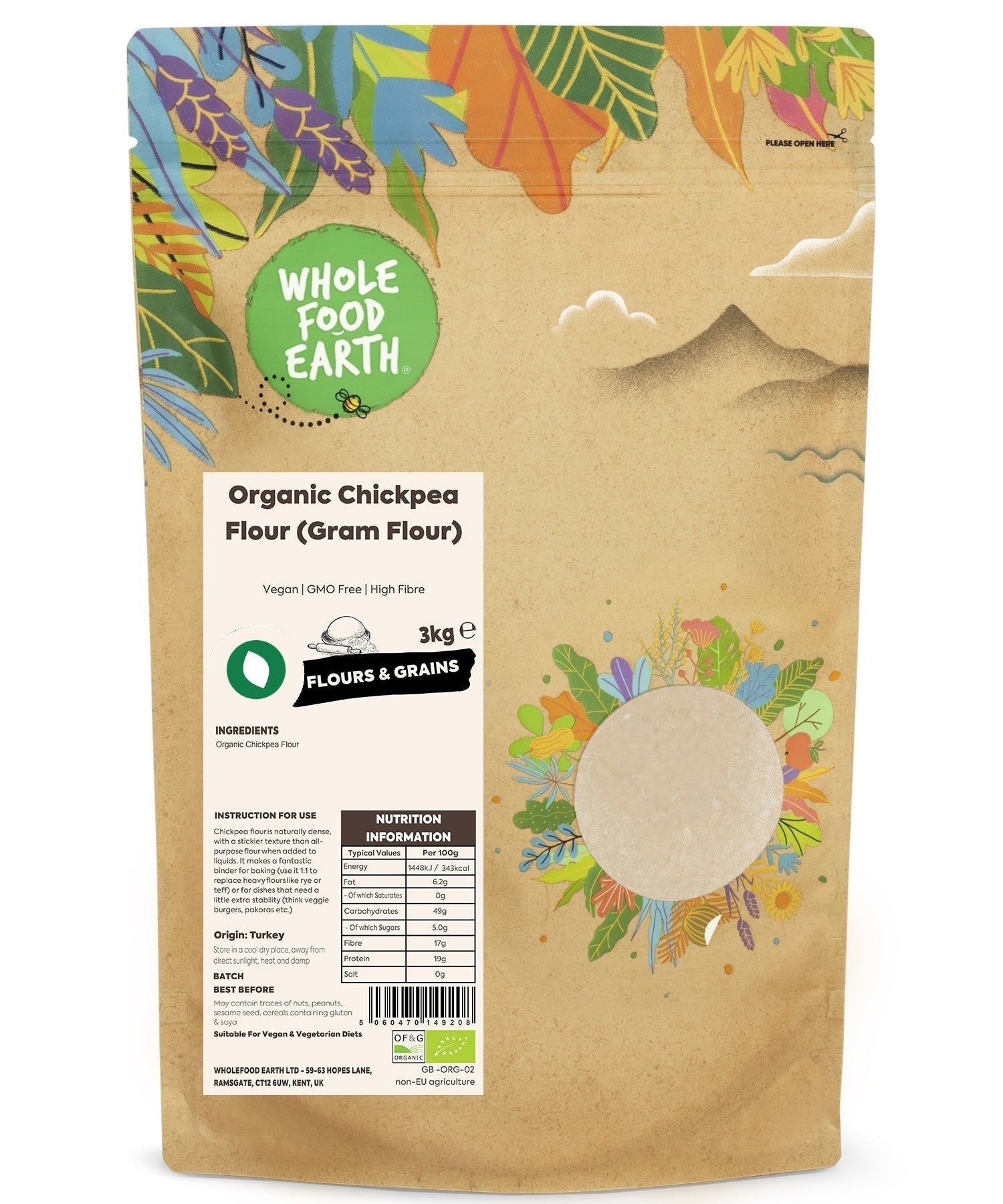 Organic chickpea flour from Whole Food Earth, a natural gram flour ideal for baking and cooking.