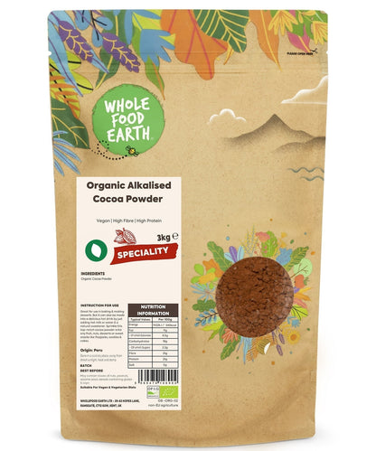 Organic alkalised cocoa powder from Whole Food Earth, a specialty product for baking and cooking, shown in a resealable bag.