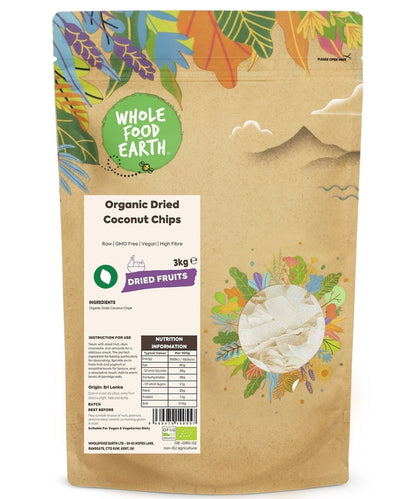 Organic dried coconut chips from Whole Food Earth, raw and GMO-free, shown in a clear close-up image.