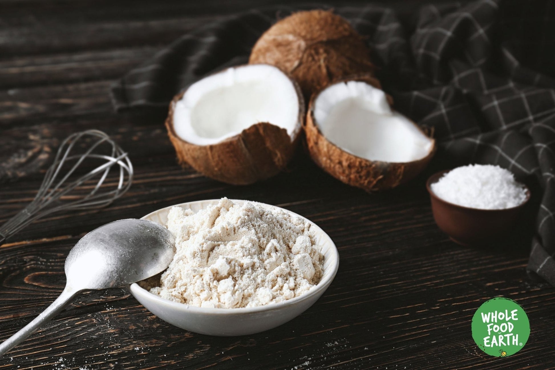 Organic coconut flour from Whole Food Earth, showing a bag of GMO-free coconut flour on a wooden surface.