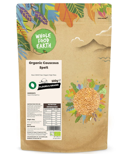 Raw organic couscous spelt from Whole Food Earth, showing light, granular spelt flour ideal for healthy cooking and baking.