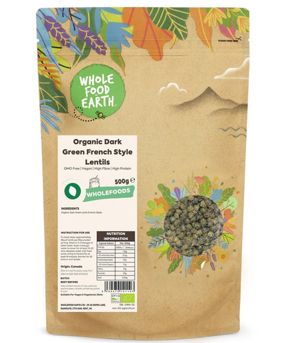 Organic dark green French-style lentils from Whole Food Earth, shown in a close-up of the dried beans on a plain background.