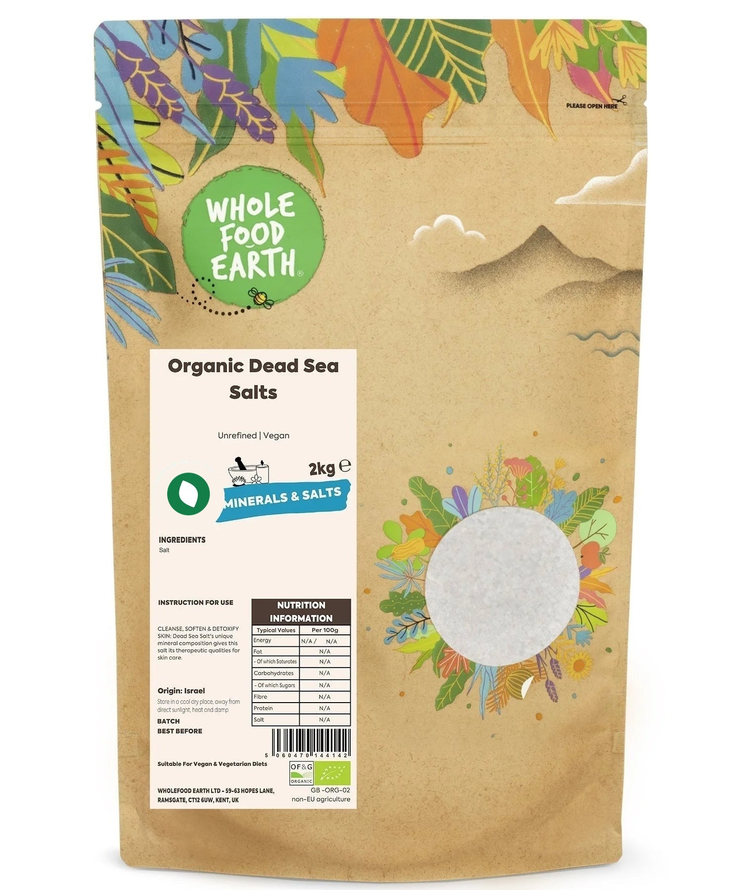 Organic Dead Sea salts from Whole Food Earth, unrefined mineral salts with natural mineral-rich crystals, for skin and bath use.