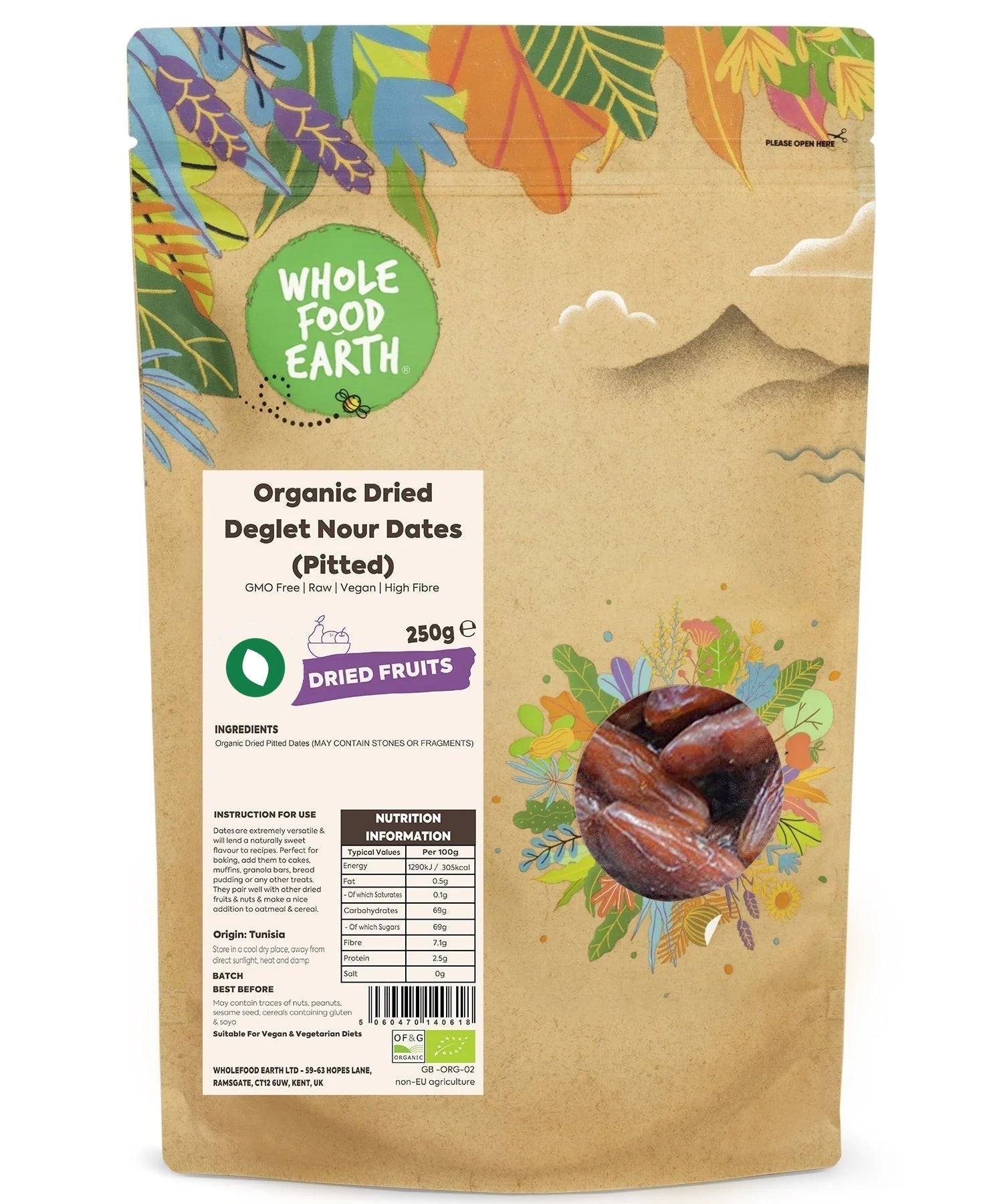 Organic Deglet Nour Dates Pitted from Whole Food Earth, close-up of dried, sweet, pitted dates showing their textured surface.