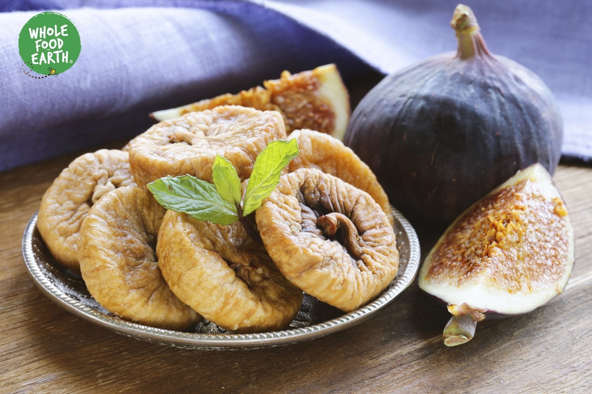 Dried organic figs from Whole Food Earth, showcasing plump, sun-dried figs with natural texture and deep color.