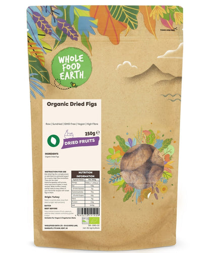 Dried organic figs from Whole Food Earth, raw and sun-dried, showcasing their wrinkled, sweet, natural appearance.