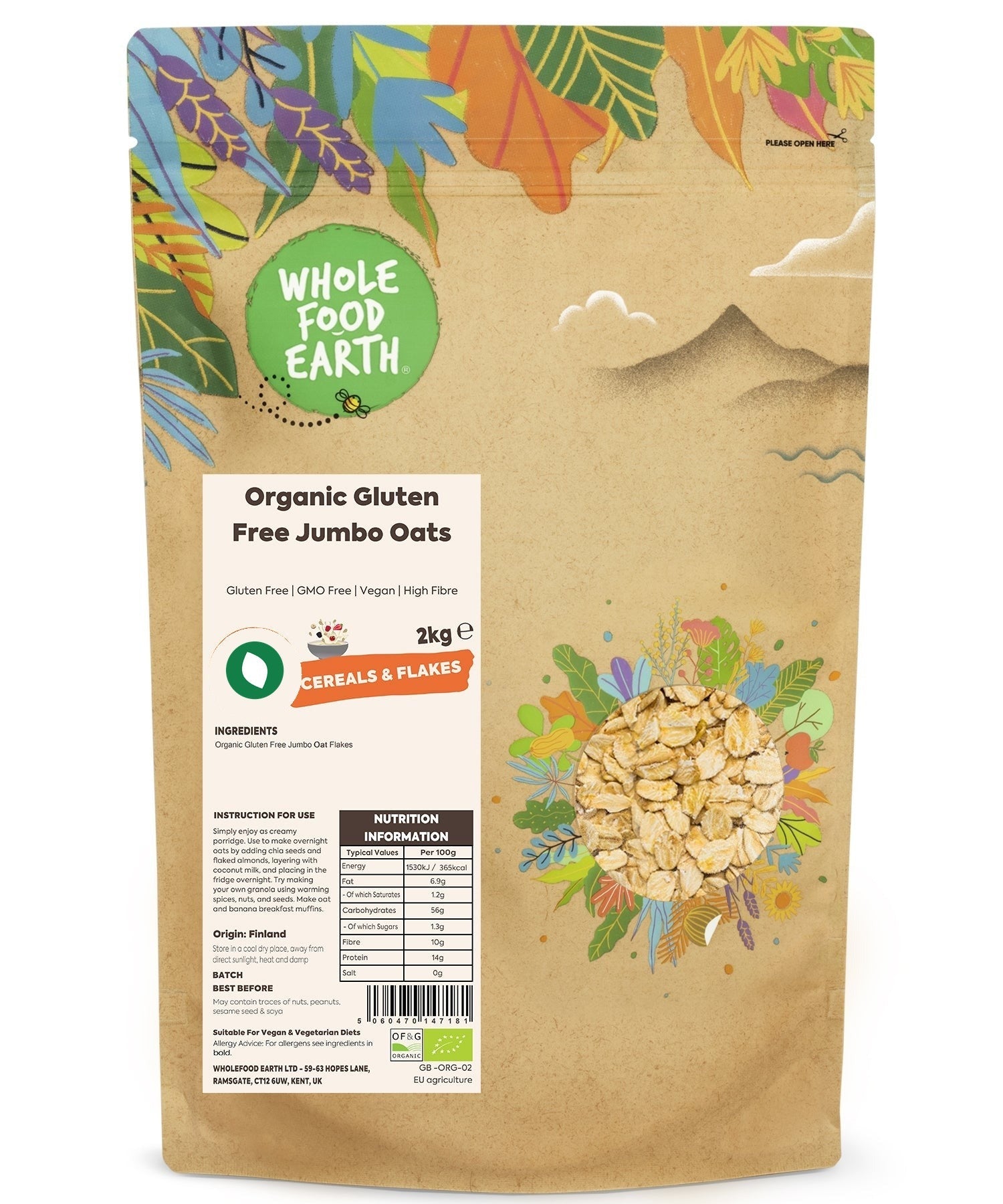 Organic gluten-free jumbo oats in a clear bowl, showcasing Whole Food Earth cereal with large oat flakes and a natural, wholesome appearance.