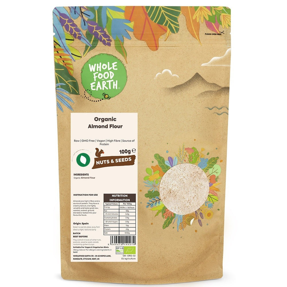 Organic almond flour from Whole Food Earth, showing a close-up of finely ground raw almonds in a clear bowl.