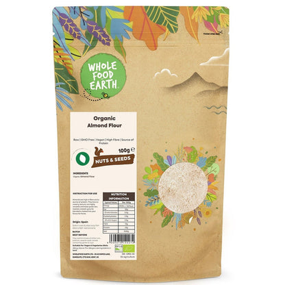 Organic almond flour from Whole Food Earth, showing a close-up of finely ground raw almonds in a clear bowl.
