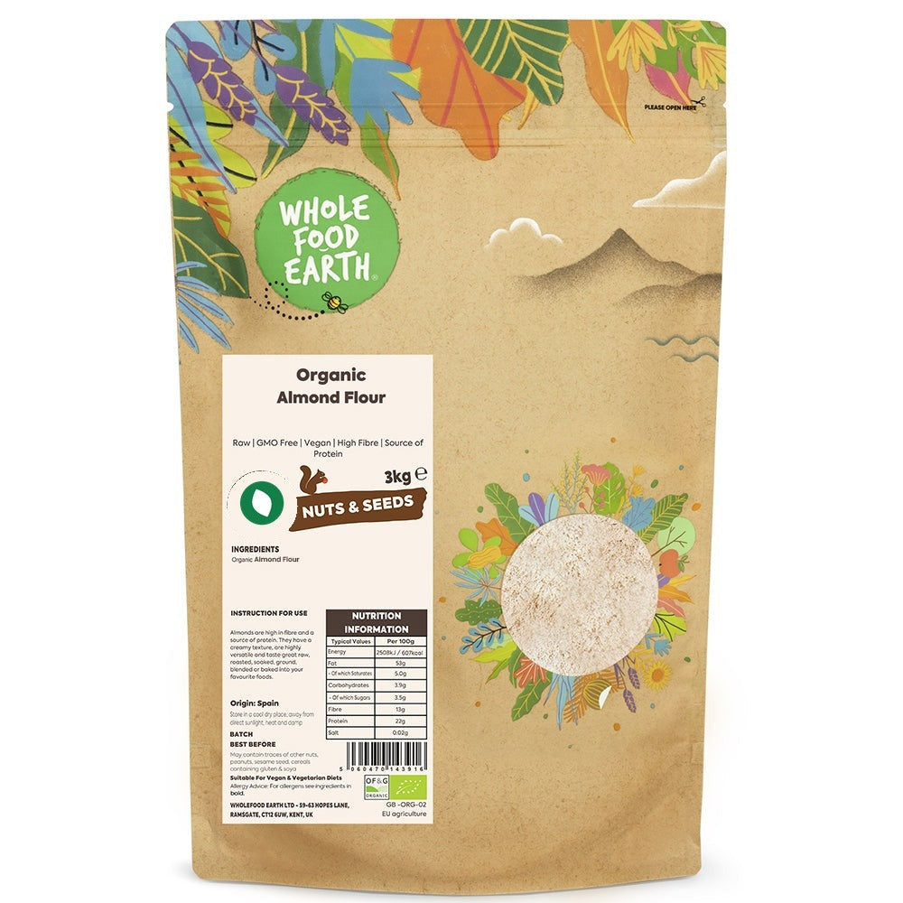 Organic almond flour from Whole Food Earth, raw, ground almonds in a clear container, suitable for gluten-free baking.
