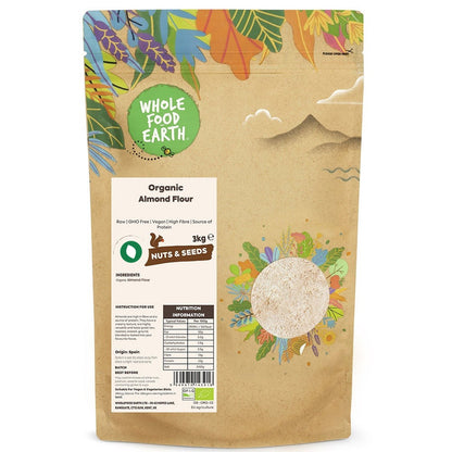Organic almond flour from Whole Food Earth, raw, ground almonds in a clear container, suitable for gluten-free baking.