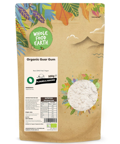 Organic Guar Gum from Whole Food Earth, raw and GMO-free, in a resealable bag for specialty culinary uses.