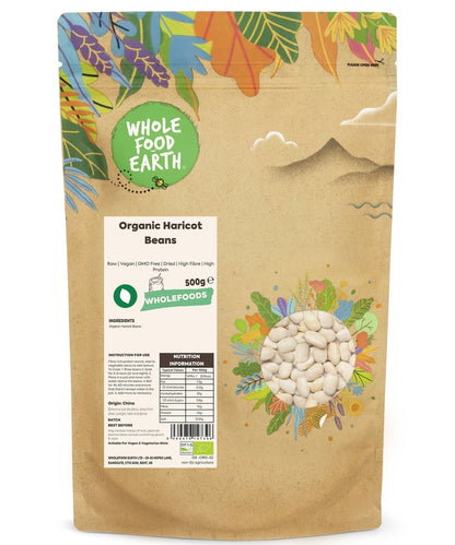 Organic Haricot Beans from Whole Food Earth, raw and vegan, shown in a close-up image with beans in a natural setting.