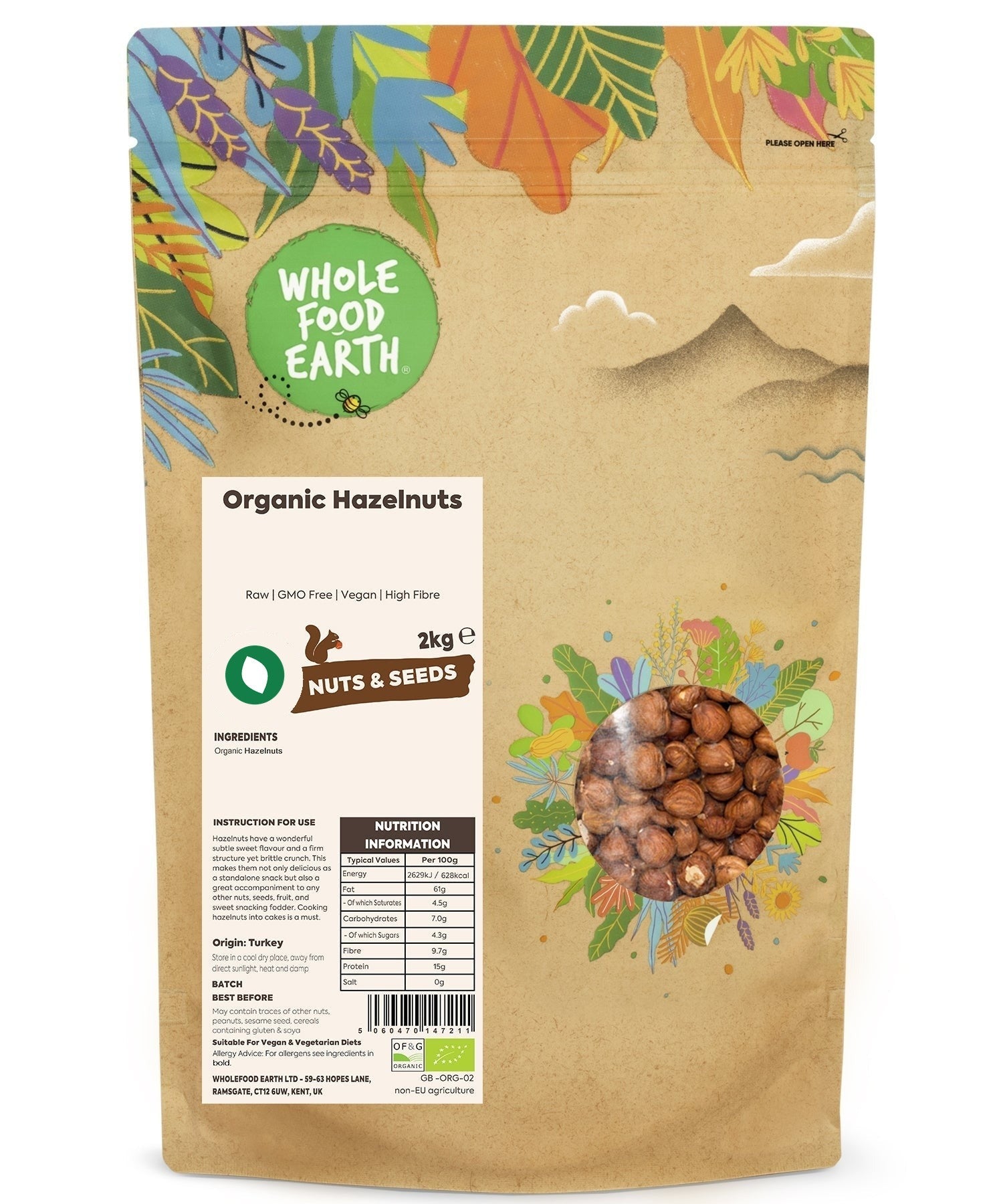 Raw organic hazelnuts from Whole Food Earth, natural nuts and seeds, GMO-free, shown in a close-up of whole, shelled hazelnuts.