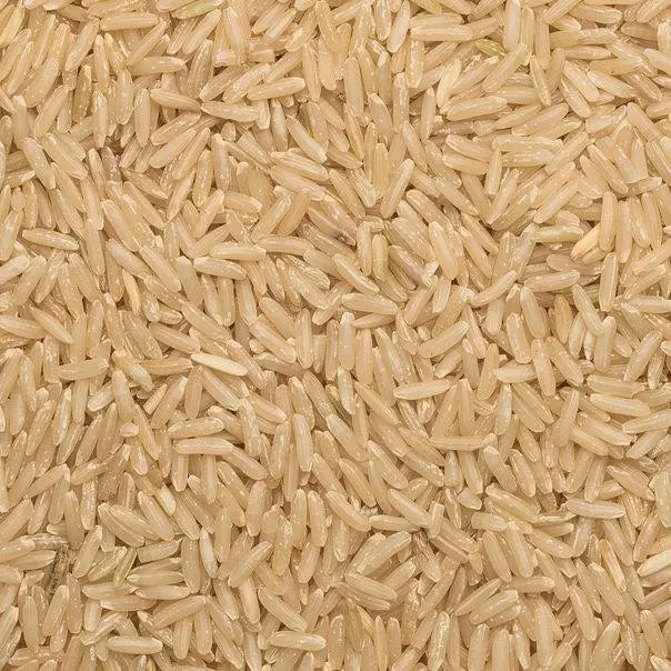 Organic Jasmine Brown Rice by Whole Food Earth, raw, GMO-free, vegan-friendly, in a clear bag, showing the rice grains.