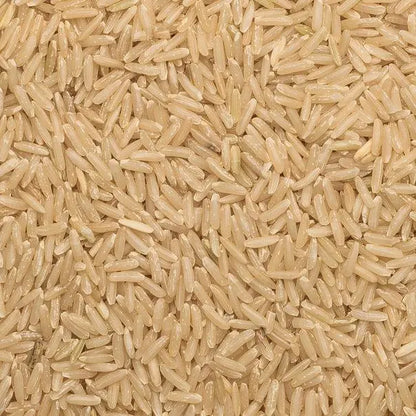 Organic Jasmine Brown Rice by Whole Food Earth, raw, GMO-free, vegan-friendly, in a clear bag, showing the rice grains.