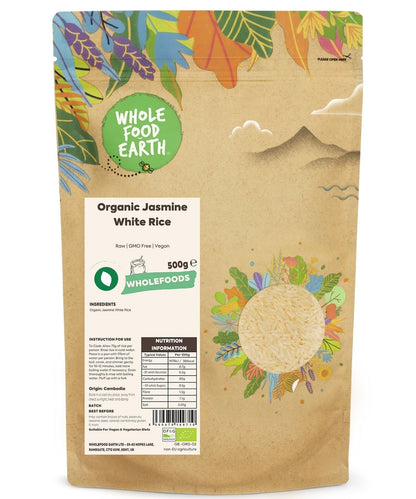 Organic Jasmine White Rice by Whole Food Earth, raw jasmine rice grains in a clear bag, ideal for cooking and rice dishes.