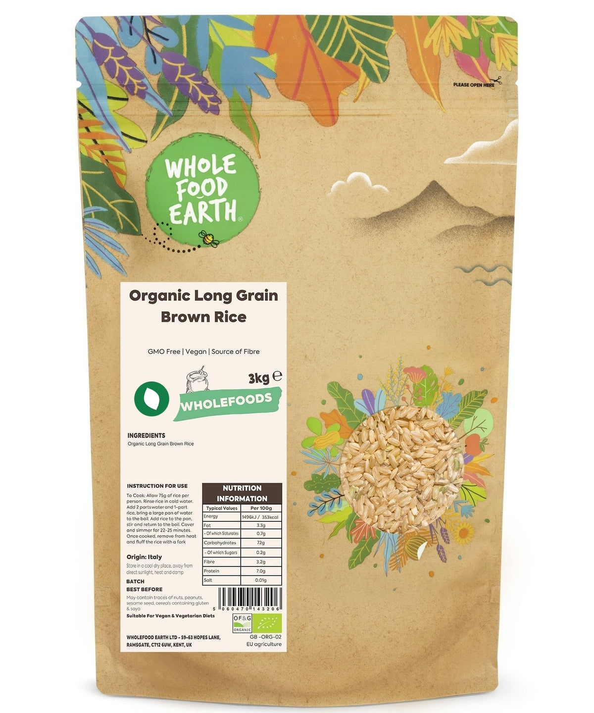 Organic long grain brown rice from Whole Food Earth, showing fresh, uncooked whole grains in a clear container.