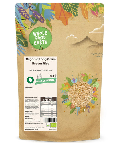 Organic long grain brown rice from Whole Food Earth, showing fresh, uncooked whole grains in a clear container.