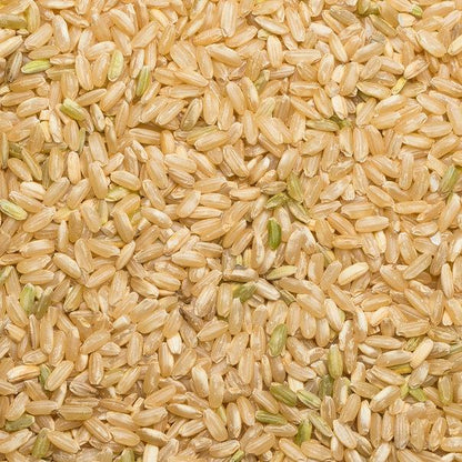 Organic Long Grain Brown Rice from Whole Food Earth, GMO-free, in a clear packaging showing the rice grains.