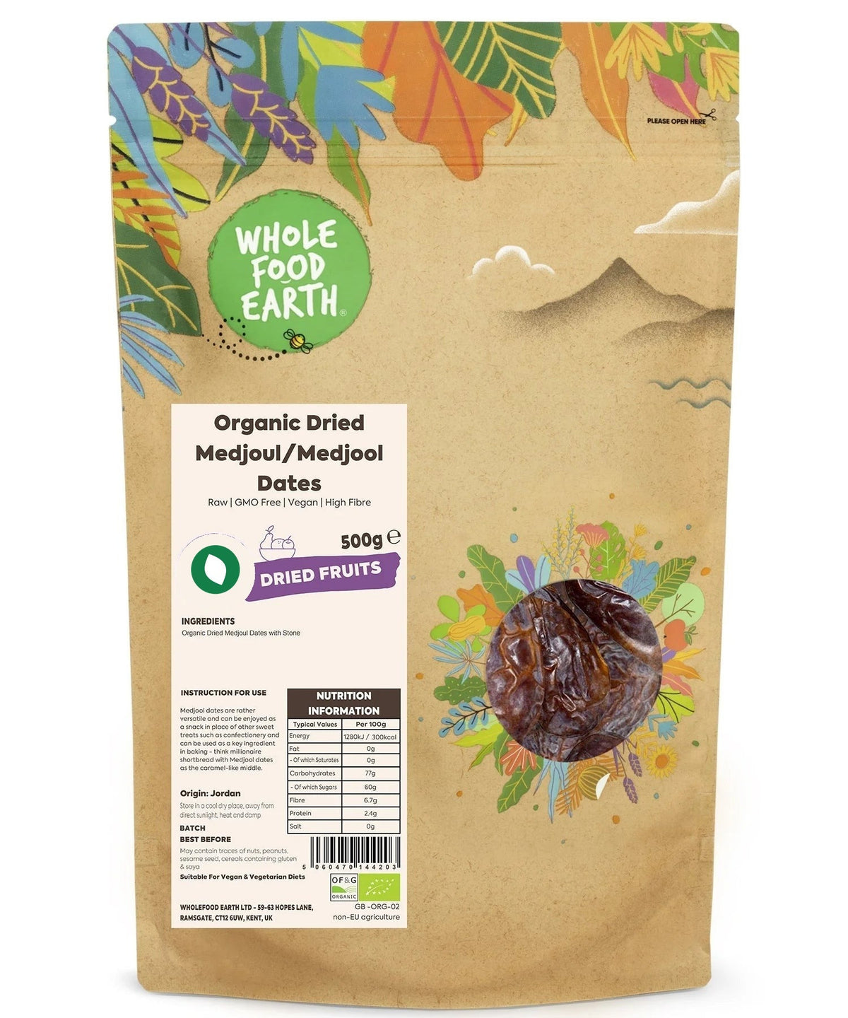 Organic dried Medjoul dates from Whole Food Earth, showcasing plump, glossy, and naturally sweet Medjool dried fruit.
