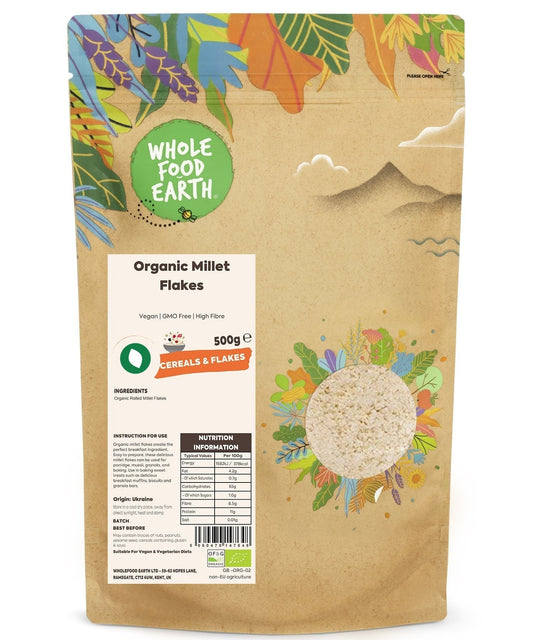 Organic millet flakes cereal from Whole Food Earth, close-up of gluten-free, GMO-free millet flakes in a bowl.
