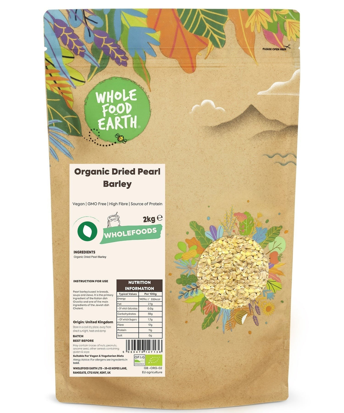 Organic dried pearl barley from Whole Food Earth, showing plump, light-colored beans in a natural, unprocessed state.