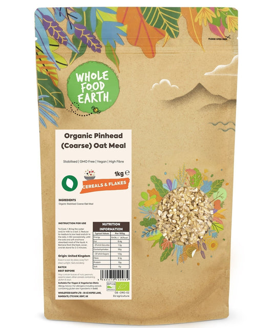 Organic Pinhead Coarse Oatmeal cereal from Whole Food Earth, showing a close-up of the textured, coarse oat flakes in a bowl.