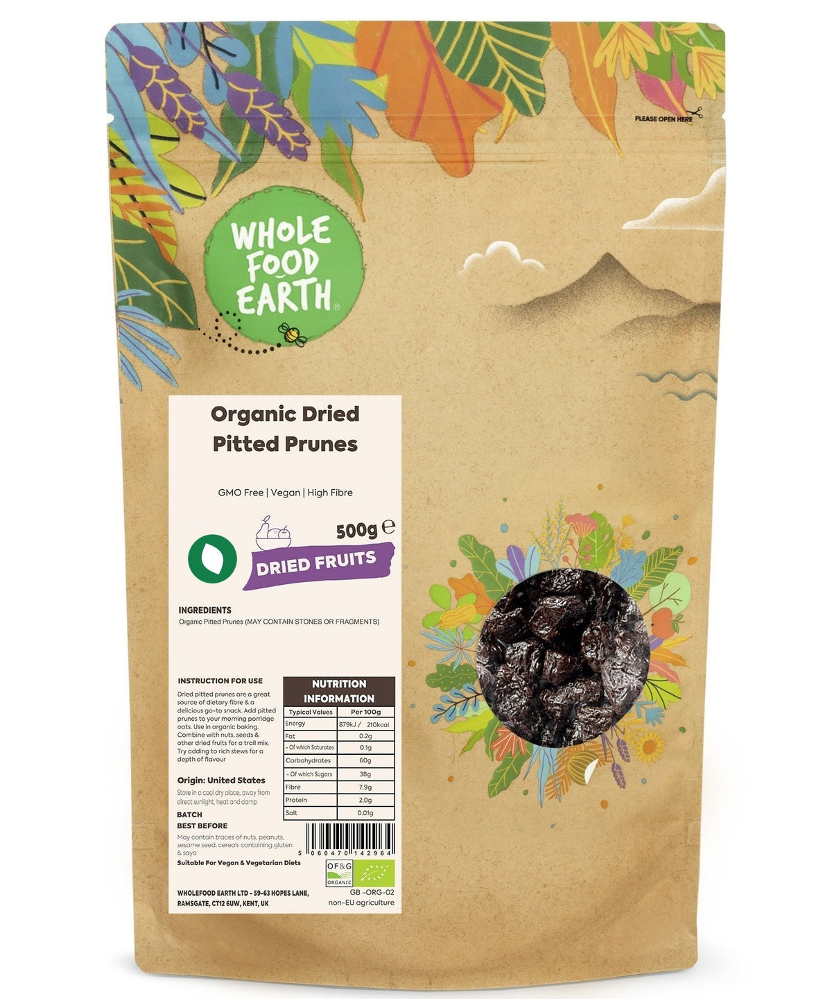 Organic pitted prunes from Whole Food Earth, dried fruit with no GMOs, showing glossy, dark, seedless prunes in a close-up view.