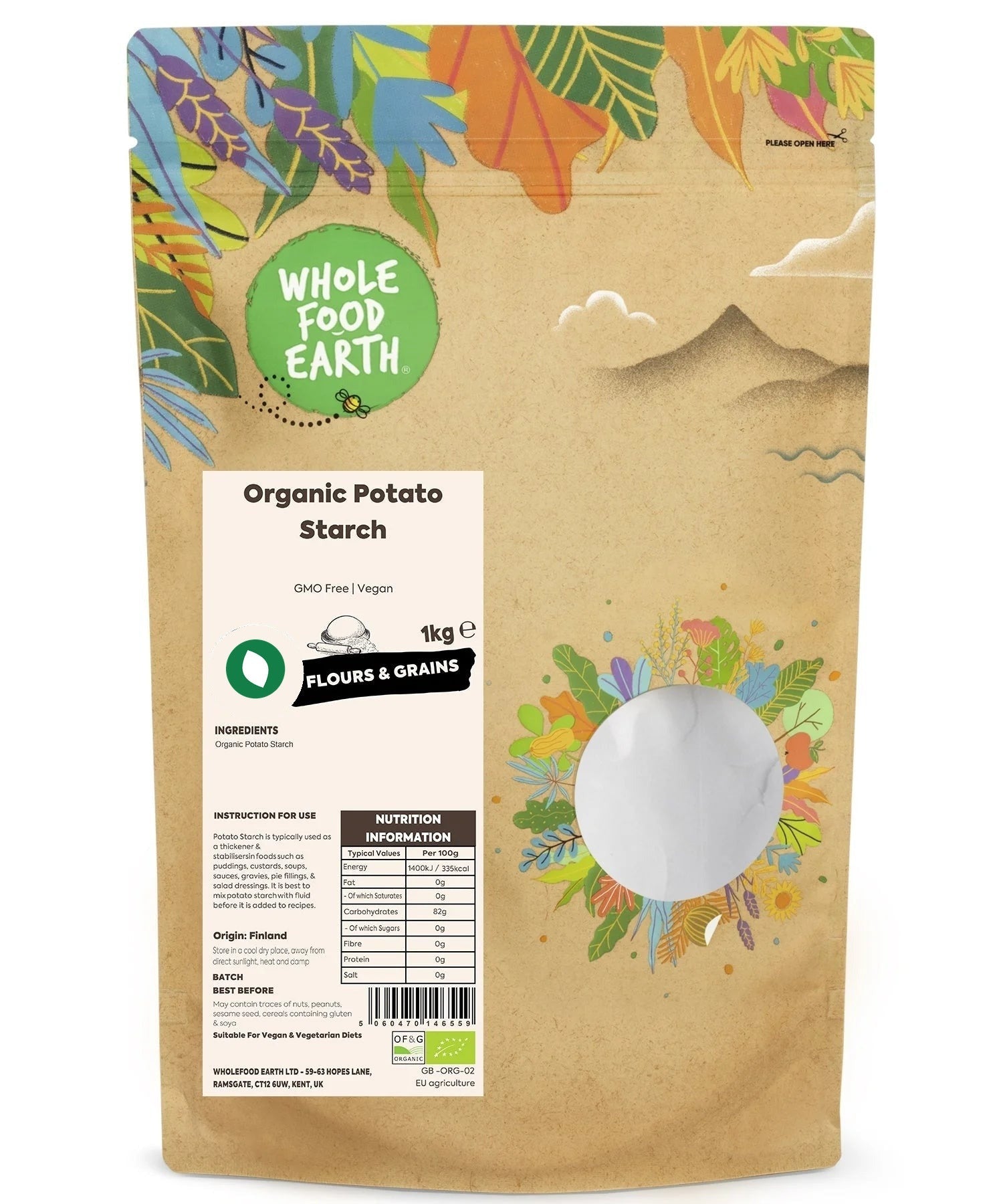 Organic potato flour from Whole Food Earth, showing a bag of GMO-free potato starch for baking and cooking.