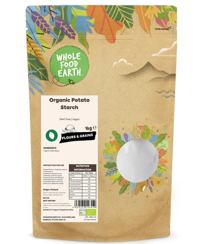 Organic potato flour from Whole Food Earth, showing a bag of GMO-free potato starch for baking and cooking.